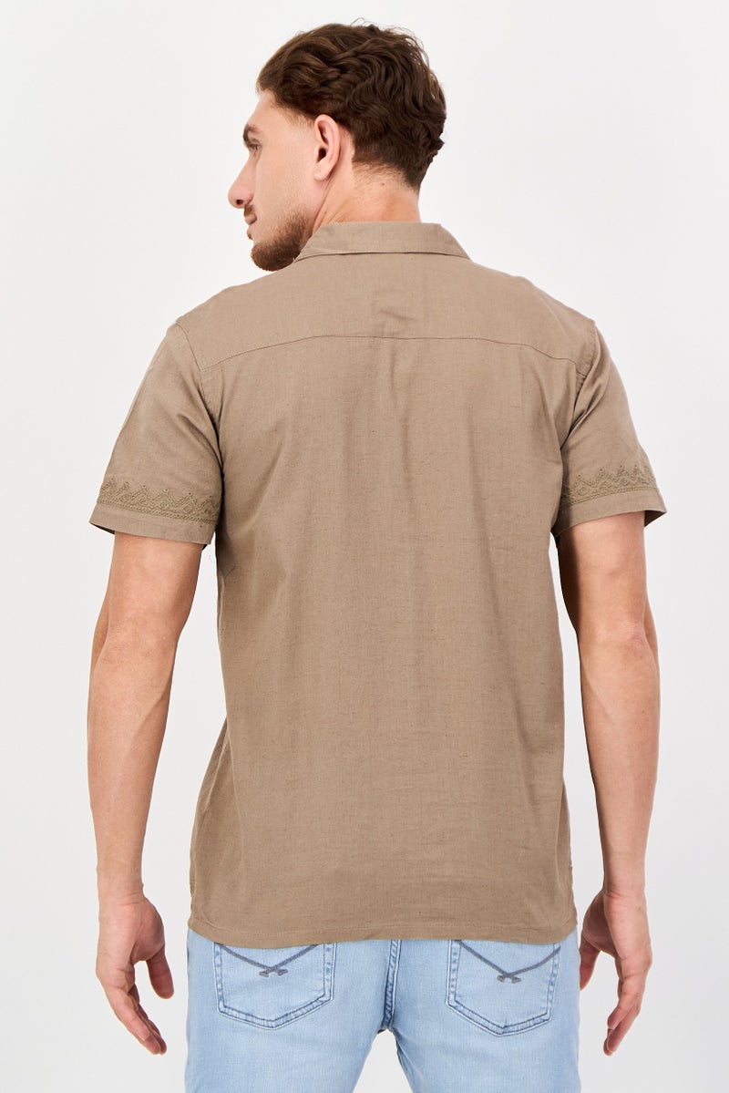 Threadbare Men Regular Fit Short Sleeve Embroidered Casual Shirt, Taupe - Image 3